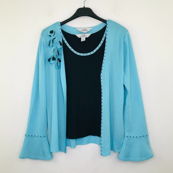 Ming Wang Womens Small Jacket Tank Set Black Blue Studded Shoulder Pad Flaw BQ28 - Picture 1 of 8